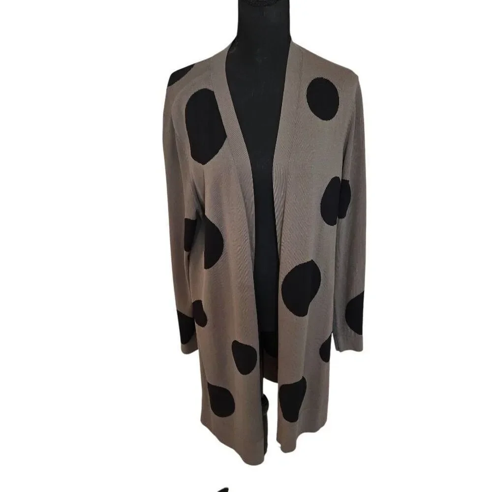 Chicos Womens Open Front Olive Green Black Polka Dot Cardigan Sweater Large